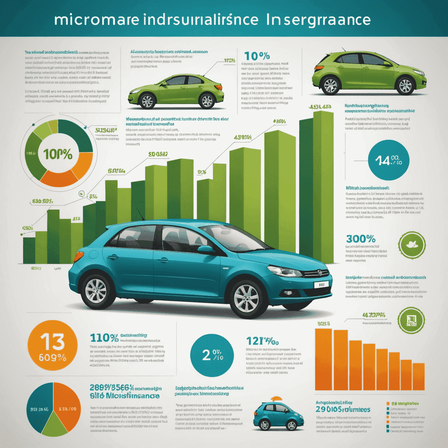 En infografik som visar ökningen av mikroförsäkringar i bilindustrin, med ikoner av bilar och försäkringsdokument som gradvis blir större.